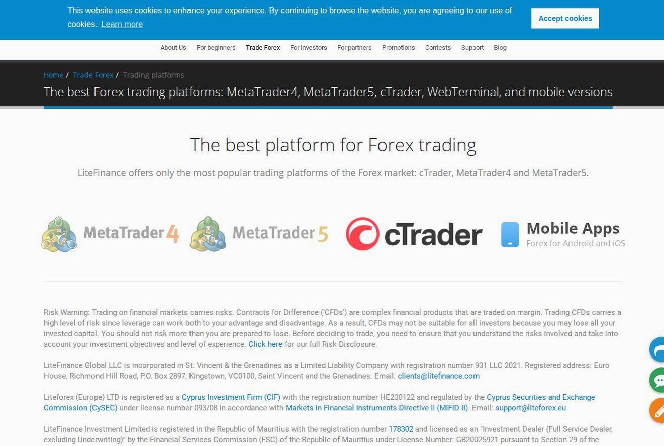The platform page on the LiteFinance website