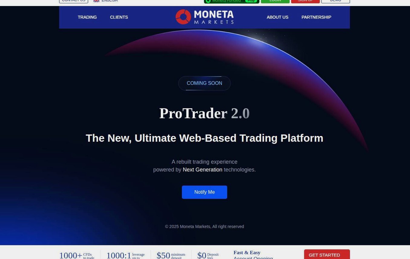 The platform page on the Moneta Markets website