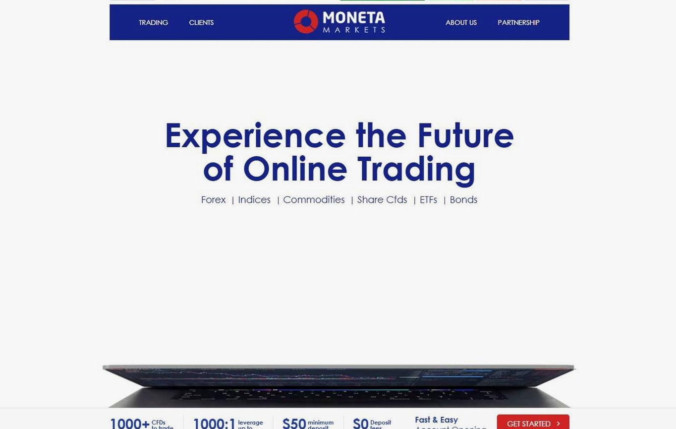 Screenshot of the Moneta Markets website