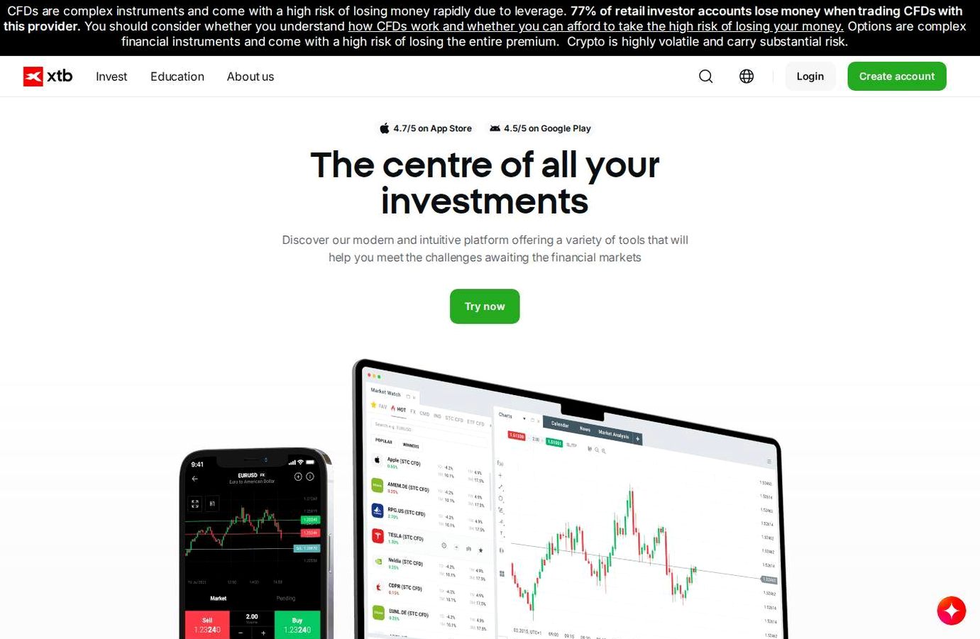 The platform page on the XTB website