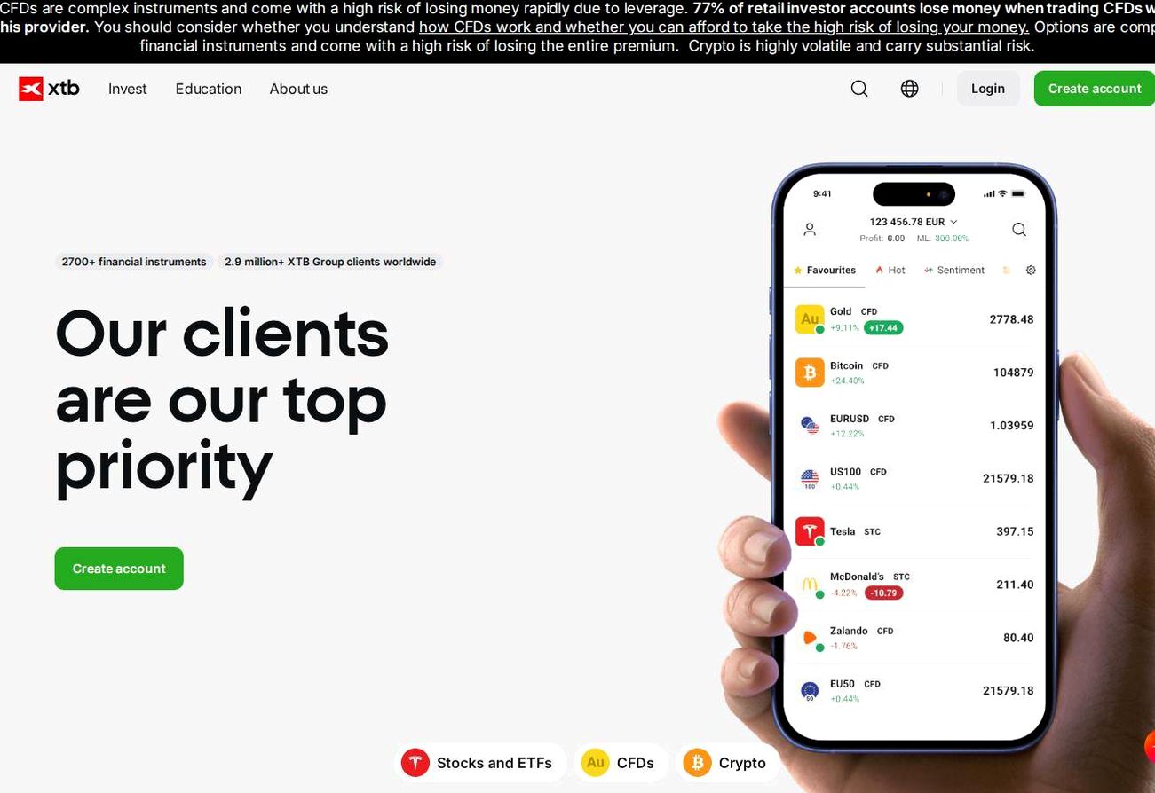 Screenshot of the XTB website
